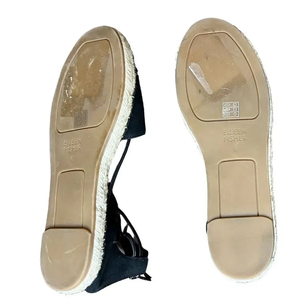 Eileen Fisher Lee Espadrille Flats in Black Leather NWOB Size 6
